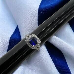 Sterling Silver 925 Blue Sapphire CZ Halo Ring Art Deco Style Size 6.75
